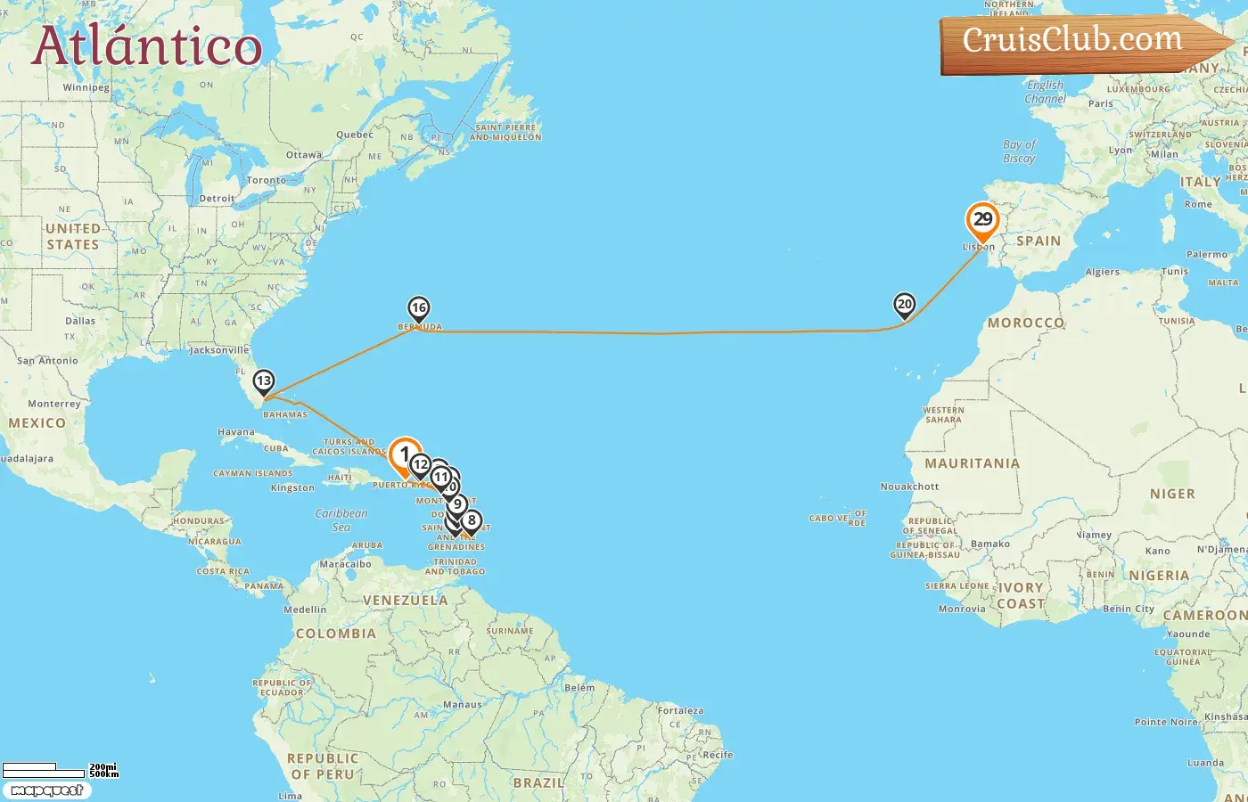 Crucero por el Atlántico desde Saint John a Lisboa a bordo del barco Silver Ray con visitas a Puerto Rico, San Bartolomé, San Vicente y las Granadinas, Santa Lucía, Barbados, Guadalupe, San Cristóbal y Nieves, EE. UU. y Bermuda por 29 días