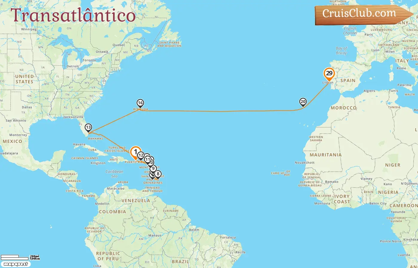 Cruzeiro pelo Atlântico de Saint John a Lisboa a bordo do navio Silver Ray com visitas a Porto Rico, São Bartolomeu, São Vicente e Granadinas, Santa Lúcia, Barbados, Guadalupe, São Cristóvão e Nevis, EUA e Bermudas por 29 dias