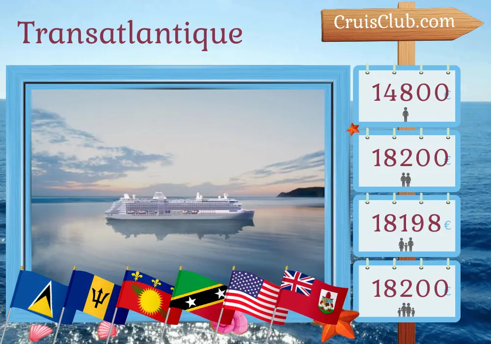 Croisière Transatlantique de Saint John à Lisbonne à bord du navire Silver Ray avec des visites à Porto Rico, Saint-Barthélemy, Saint-Vincent et les Grenadines, Sainte-Lucie, la Barbade, la Guadeloupe, Saint-Christophe-et-Niévès, les États-Unis et les Bermudes pendant 29 jours