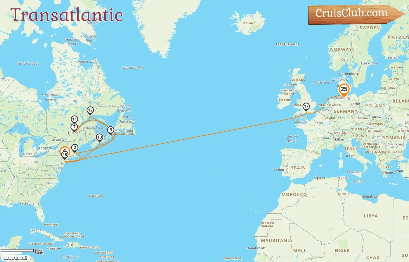 Cruise in the Transatlantic from New York to Hamburg aboard Queen Mary 2 ship with visits to USA, Canada, and Germany for 25 days