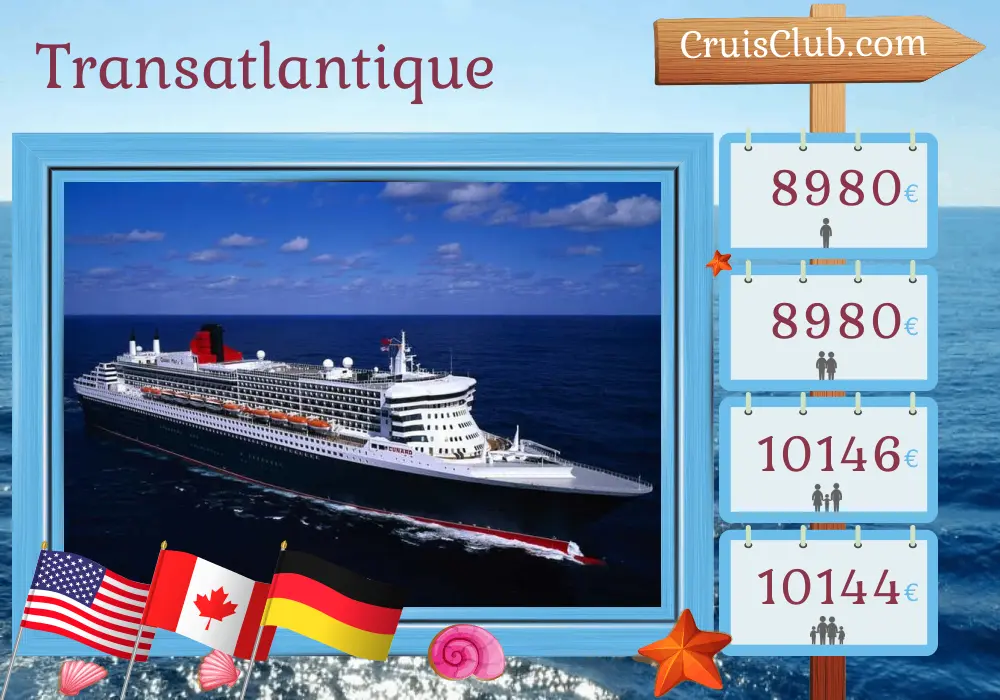 Croisière transatlantique de New York à Hambourg à bord du Queen Mary 2 avec des escales aux États-Unis, au Canada et en Allemagne pendant 25 jours