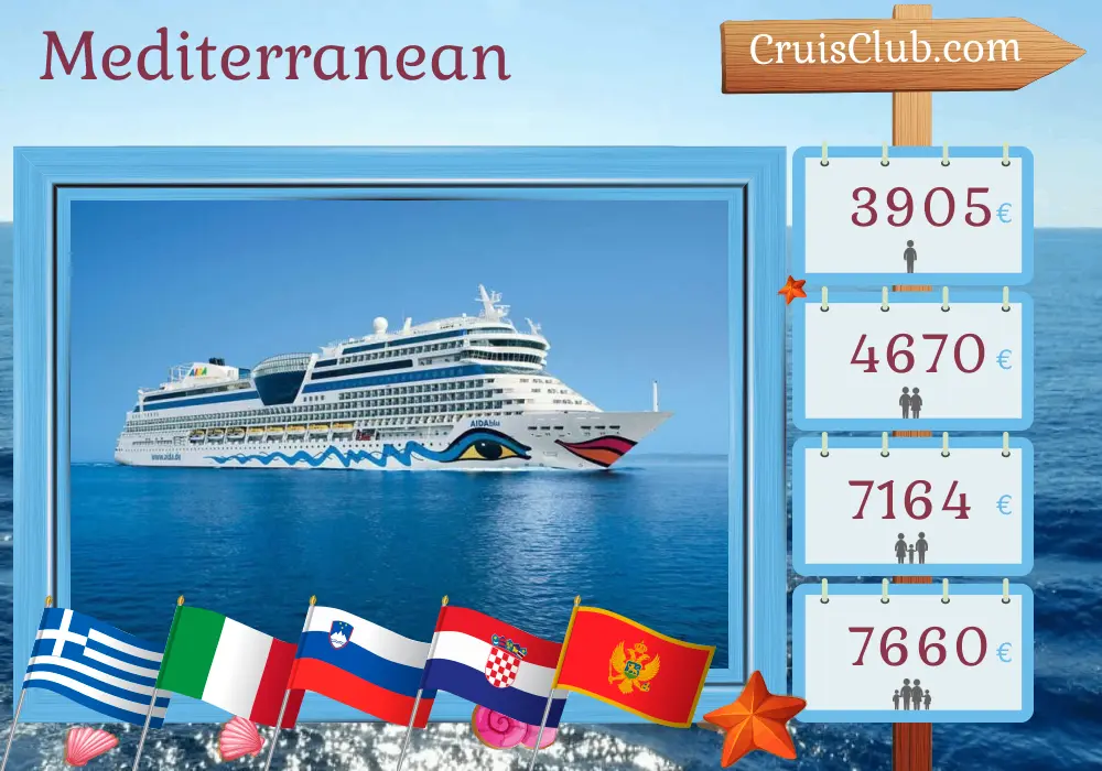 Cruise in the Mediterranean from Corfu aboard AIDAblu ship with visits to Greece, Italy, Slovenia, Croatia, Montenegro, and Turkey for 15 days