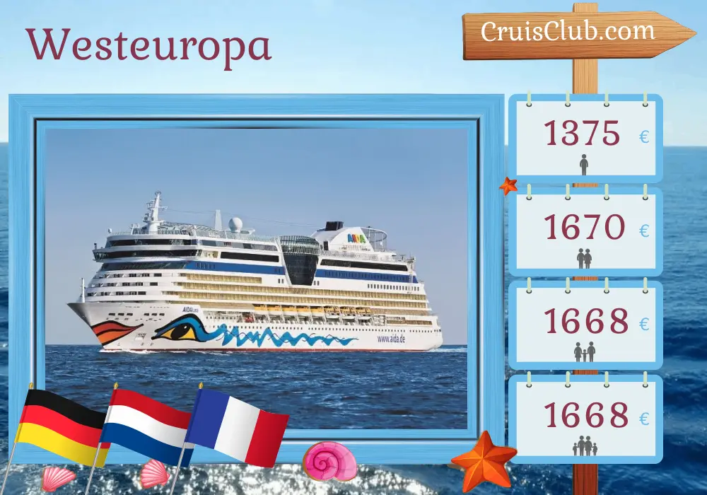 Kreuzfahrt im Westen Europas ab Hamburg an Bord des Schiffes AIDAluna mit Stopps in Deutschland, den Niederlanden und Frankreich für 6 Tage
