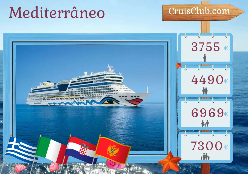 Cruzeiro no Mediterrâneo saindo de Corfu a bordo do navio AIDAblu com visitas à Grécia, Itália, Croácia, Montenegro e Turquia por 15 dias