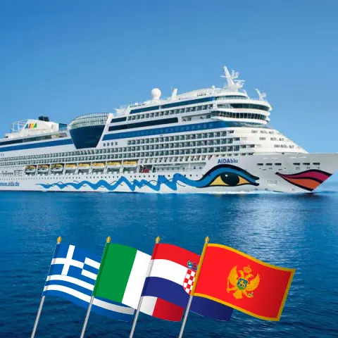 Cruzeiro no Mediterrâneo saindo de Corfu a bordo do navio AIDAblu com visitas à Grécia, Itália, Croácia, Montenegro e Turquia por 15 dias