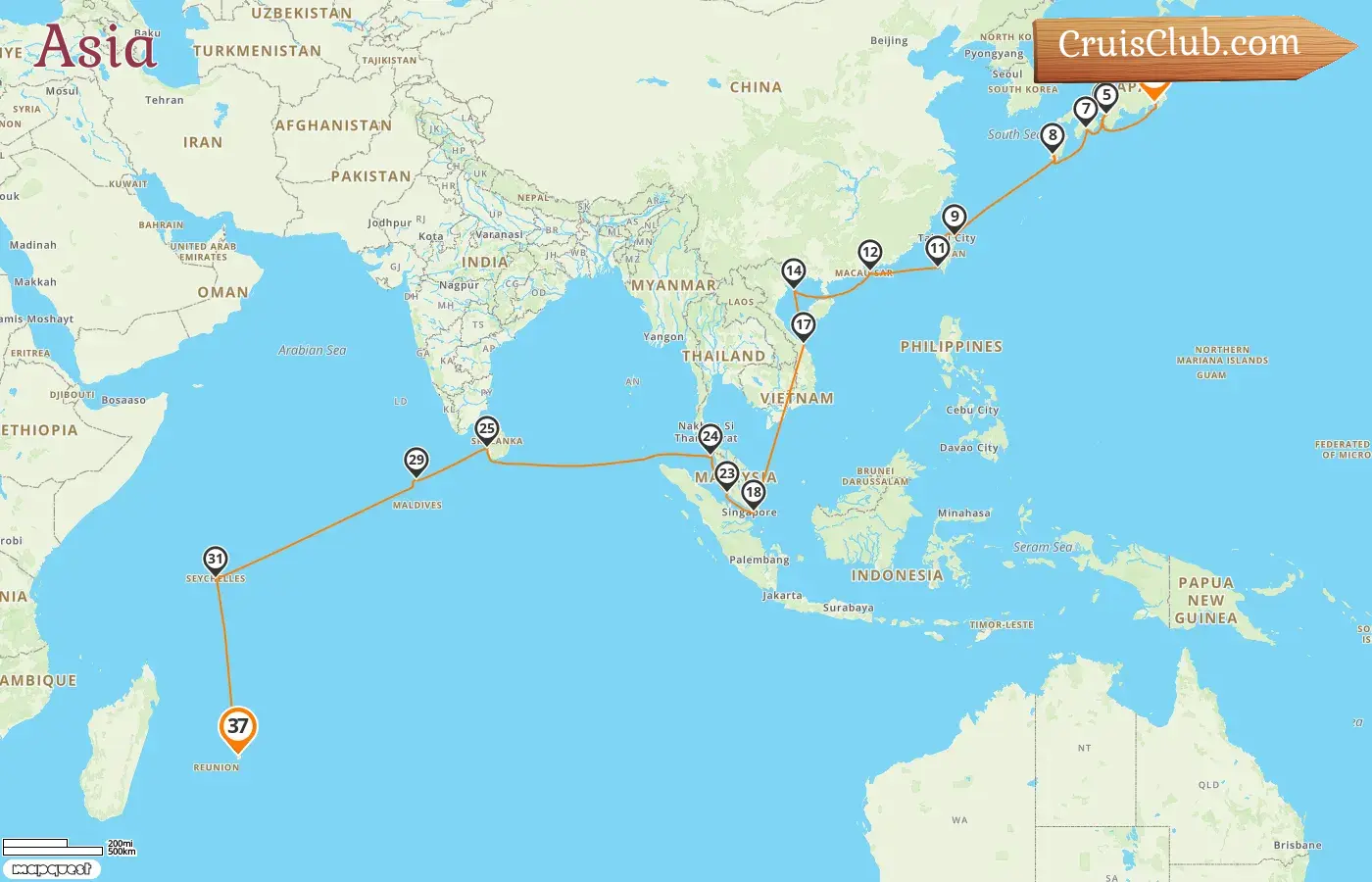 Crucero en Asia desde Yokohama hasta Port Louis a bordo del barco AIDAstella con visitas a Japón, Taiwán, Hong Kong, Vietnam, Singapur, Malasia, Sri Lanka, Maldivas, Seychelles y Mauricio durante 37 días