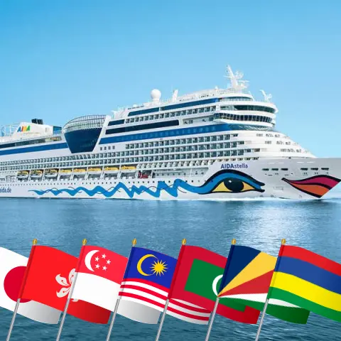 Круиз в Азию из Йокогамы в Порт-Луи на борту судна AIDAstella с посещением Японии, Тайваня, Гонконга, Вьетнама, Сингапура, Малайзии, Шри-Ланки, Мальдивских островов, Сейшельских островов и Маврикия на 37 дней