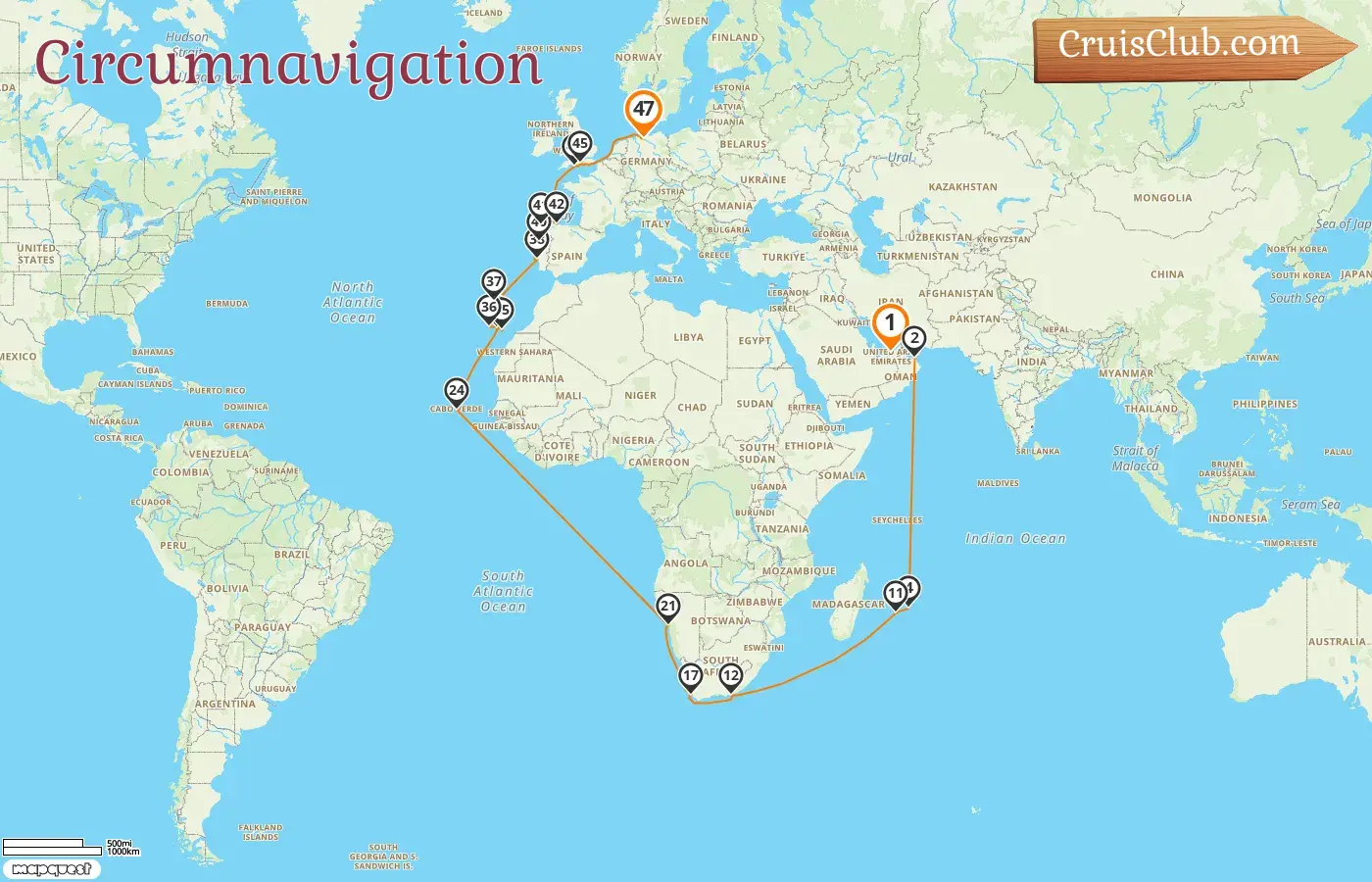 Croisière Tour du Monde d`Abu Dhabi à Hambourg à bord du navire AIDAprima avec des visites aux Émirats arabes unis, Oman, Maurice, La Réunion, Afrique du Sud, Namibie, Espagne et Allemagne pendant 47 jours