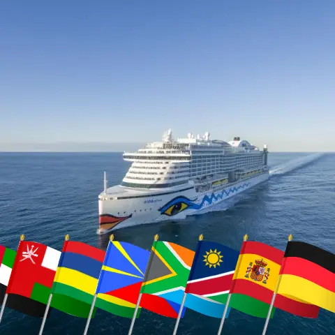 Круиз по миру от Абу-Даби до Гамбурга на борту судна AIDAprima с посещениями Объединенных Арабских Эмиратов, Омана, Маврикия, Реюньона, Южной Африки, Намибии, Испании и Германии на 47 дней
