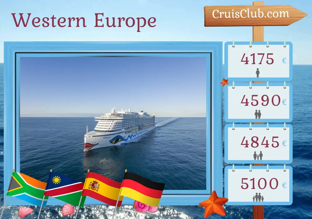 Cruise in the Western Europe from Cape Town to Hamburg aboard AIDAprima ship with visits to South Africa, Namibia, Spain, and Germany for 29 days