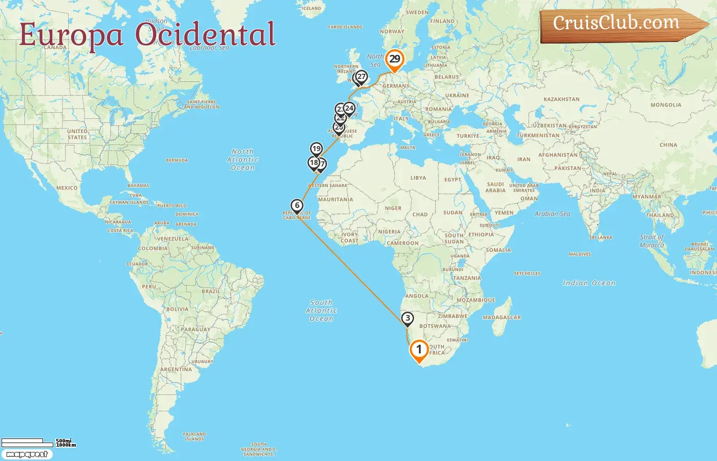 Cruzeiro na Europa Ocidental de Cape Town a Hamburgo a bordo do navio AIDAprima com visitas à África do Sul, Namíbia, Espanha e Alemanha por 29 dias