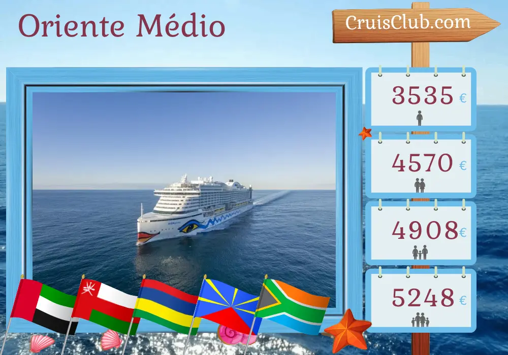 Cruzeiro no Oriente Médio de Dubai a Cidade do Cabo a bordo do navio AIDAprima com visitas aos Emirados Árabes Unidos, Omã, Maurício, Reunião e África do Sul por 20 dias
