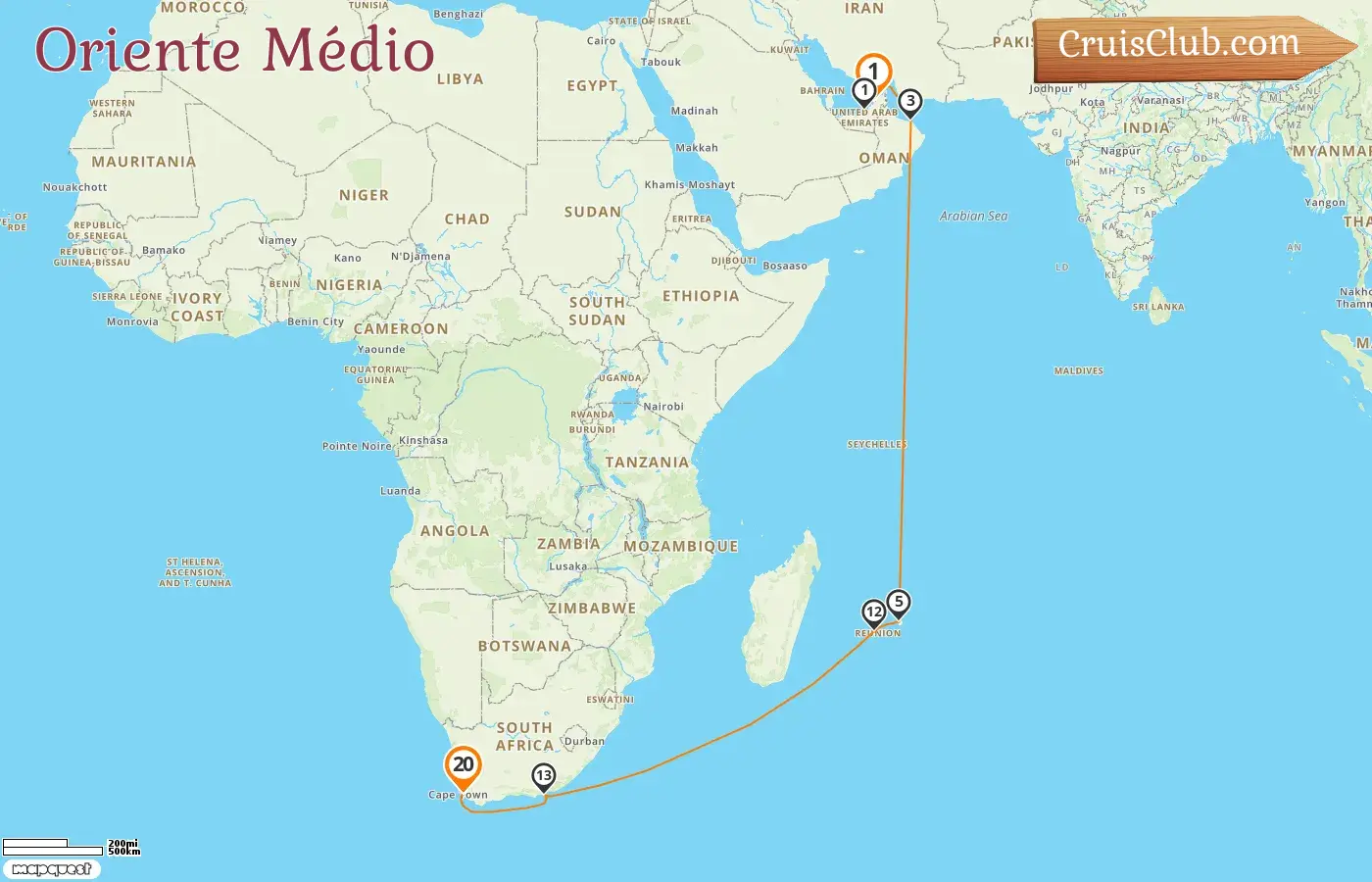 Cruzeiro no Oriente Médio de Dubai a Cidade do Cabo a bordo do navio AIDAprima com visitas aos Emirados Árabes Unidos, Omã, Maurício, Reunião e África do Sul por 20 dias