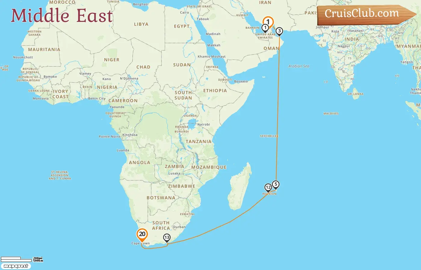 Cruise in the Middle East from Dubai to Cape Town aboard AIDAprima ship with visits to United Arab Emirates, Oman, Mauritius, Réunion, and South Africa for 20 days