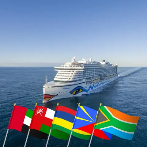 Cruzeiro no Oriente Médio de Dubai a Cidade do Cabo a bordo do navio AIDAprima com visitas aos Emirados Árabes Unidos, Omã, Maurício, Reunião e África do Sul por 20 dias