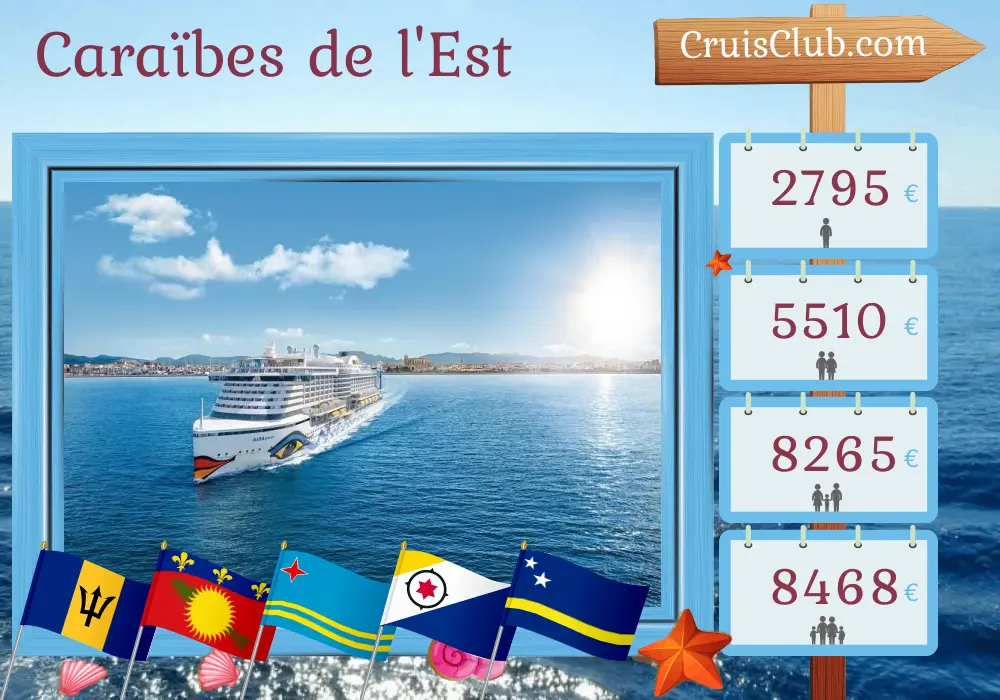 Croisière dans les Caraïbes orientales au départ de Bridgetown à bord du navire AIDAperla avec des escales à la Barbade, Saint-Vincent-et-les-Grenadines, la Guadeloupe, Aruba et Curaçao pendant 15 jours