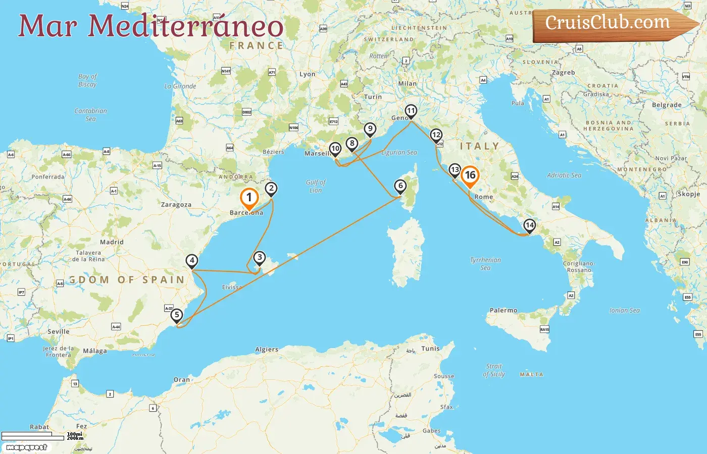 Crucero por el Mediterráneo de Barcelona a Civitavecchia a bordo del barco Silver Ray con visitas a España, Francia, Mónaco e Italia durante 16 días