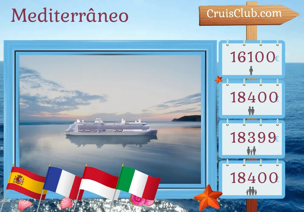 Cruzeiro no Mediterrâneo de Barcelona a Civitavecchia a bordo do navio Silver Ray com visitas à Espanha, França, Mônaco e Itália por 16 dias