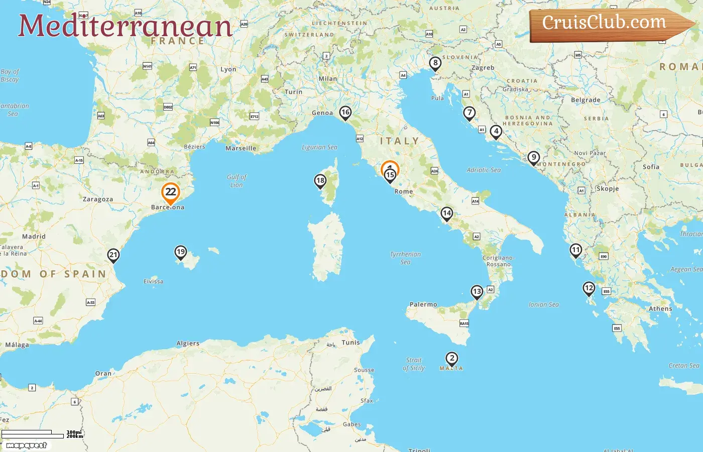Cruise in the Mediterranean from Civitavecchia to Barcelona aboard Queen Elizabeth ship with visits to Italy, Malta, Croatia, Greece, France, and Spain for 22 days