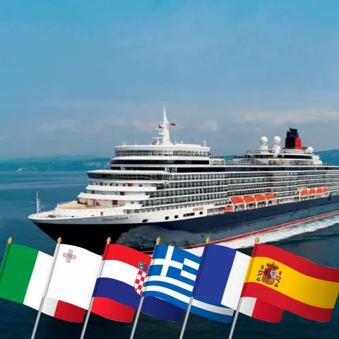 Kreuzfahrt im Mittelmeer von Civitavecchia nach Barcelona an Bord des Schiffes Queen Elizabeth mit Besuchen in Italien, Malta, Kroatien, Griechenland, Frankreich und Spanien für 22 Tage