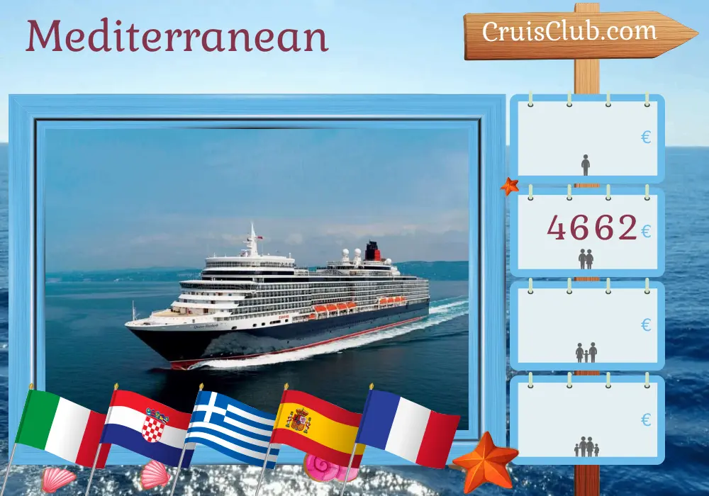 Cruise in the Mediterranean from Trieste to Civitavecchia aboard Queen Elizabeth ship with visits to Italy, Croatia, Greece, Spain, and France for 15 days