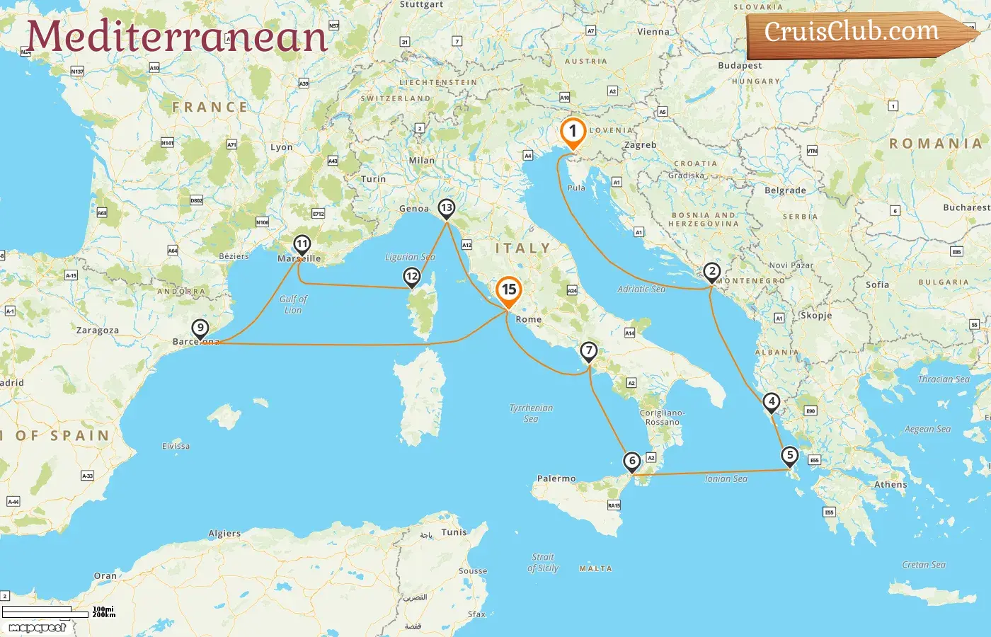 Cruise in the Mediterranean from Trieste to Civitavecchia aboard Queen Elizabeth ship with visits to Italy, Croatia, Greece, Spain, and France for 15 days