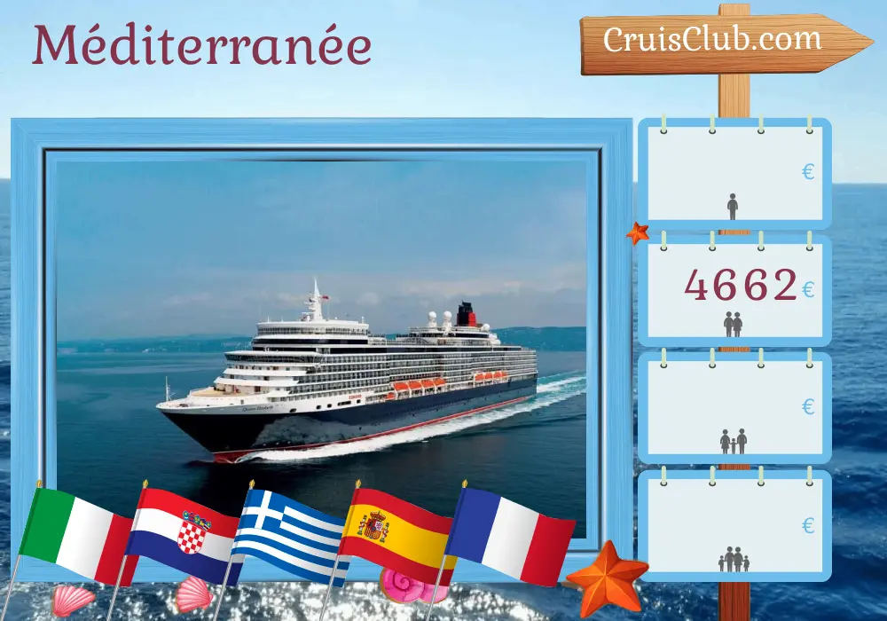 Croisière en Méditerranée de Trieste à Civitavecchia à bord du navire Queen Elizabeth avec des visites en Italie, en Croatie, en Grèce, en Espagne et en France pendant 15 jours