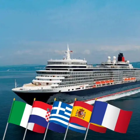 Cruise in the Mediterranean from Trieste to Civitavecchia aboard Queen Elizabeth ship with visits to Italy, Croatia, Greece, Spain, and France for 15 days