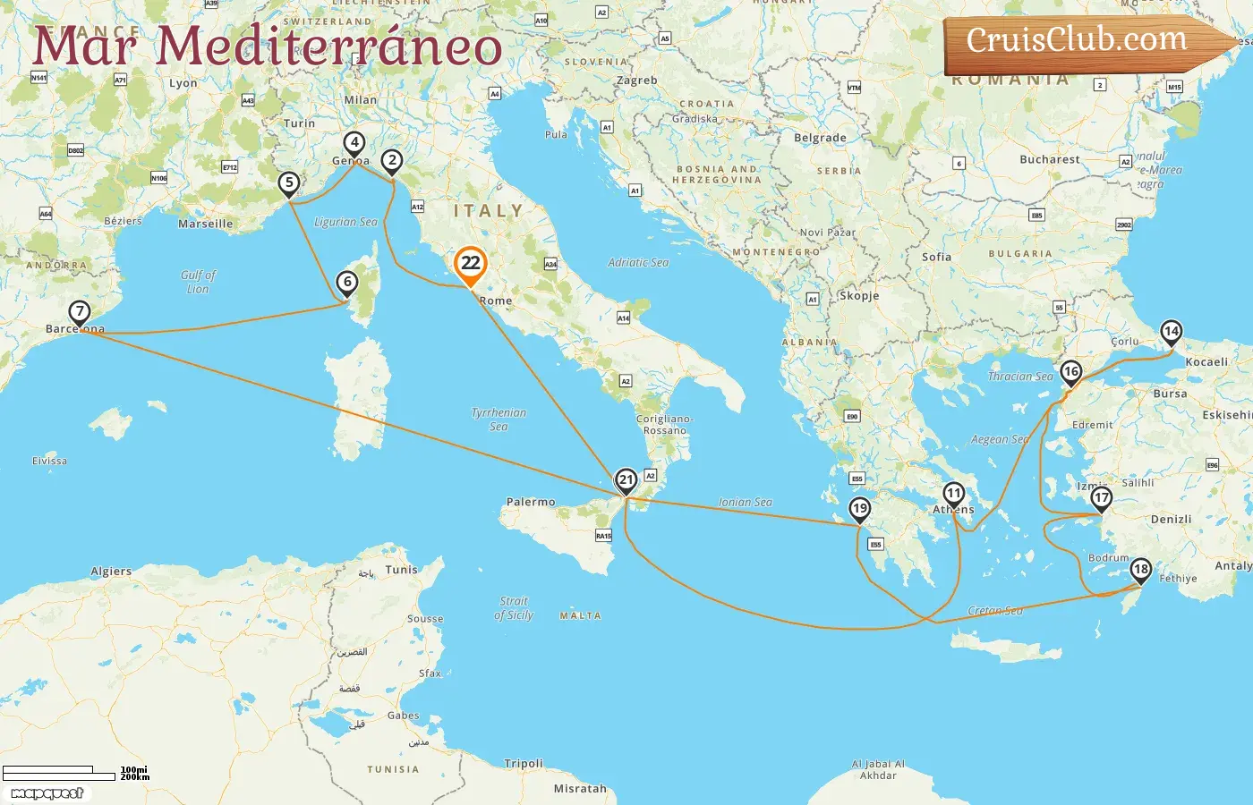 Crucero en el Mediterráneo desde Civitavecchia a bordo del barco Queen Elizabeth con visitas a Italia, Francia, España, Grecia y Turquía durante 22 días
