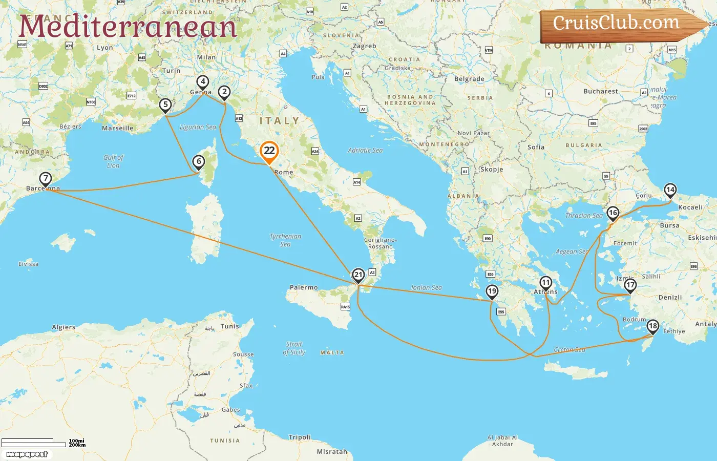 Cruise in the Mediterranean from Civitavecchia aboard Queen Elizabeth ship with visits to Italy, France, Spain, Greece, and Turkey for 22 days