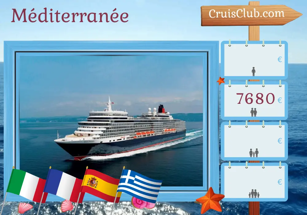 Croisière en Méditerranée au départ de Civitavecchia à bord du navire Queen Elizabeth avec des visites en Italie, en France, en Espagne, en Grèce et en Turquie pendant 22 jours