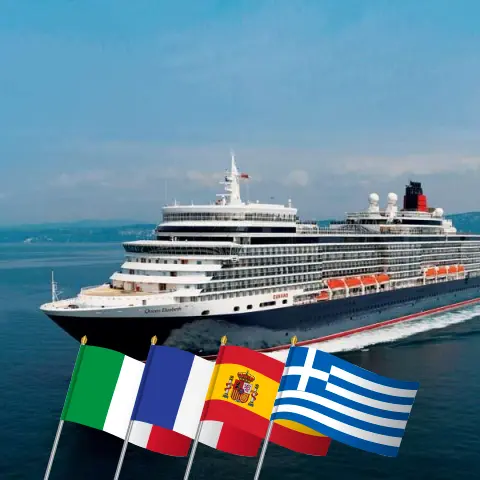 Crucero en el Mediterráneo desde Civitavecchia a bordo del barco Queen Elizabeth con visitas a Italia, Francia, España, Grecia y Turquía durante 22 días