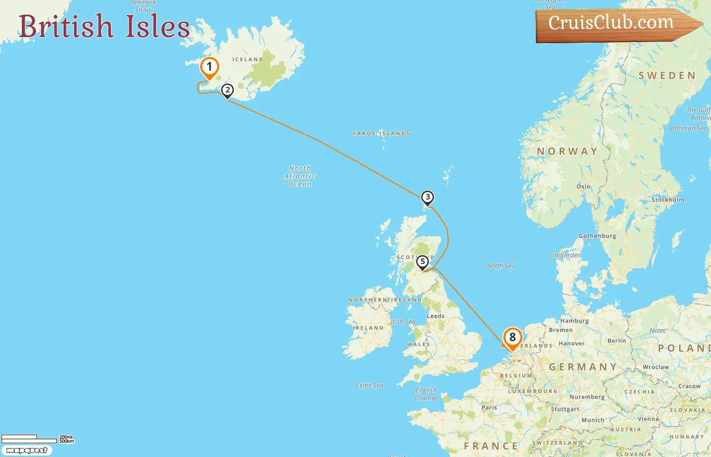 Cruise in the British Isles from Reykjavik to Rotterdam aboard Rotterdam ship with visits to for 8 days