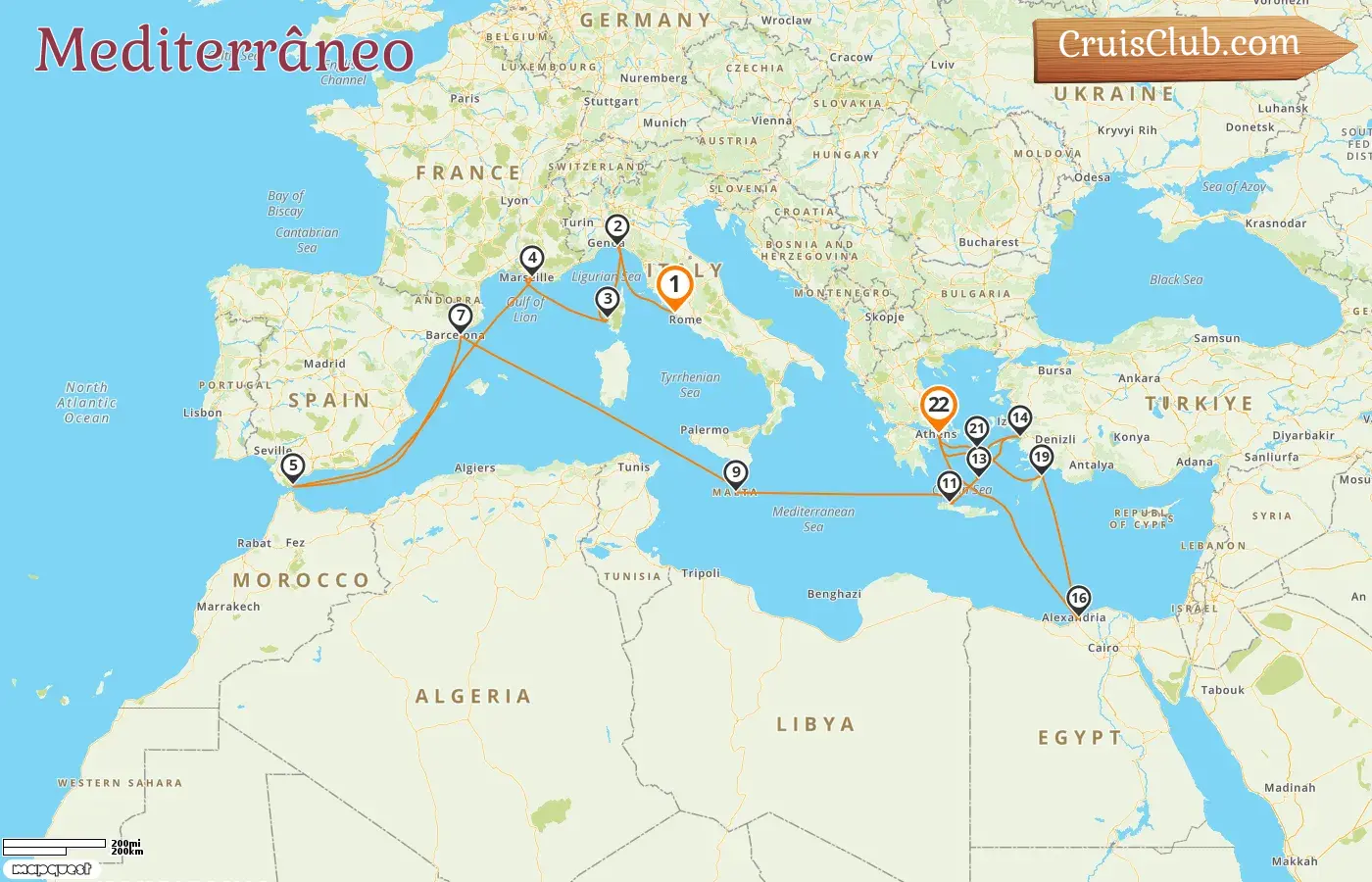 Cruzeiro no Mediterrâneo de Civitavecchia a Pireu a bordo do navio Oosterdam com visitas à Itália, França, Gibraltar, Espanha, Malta, Grécia, Turquia e Egito por 22 dias