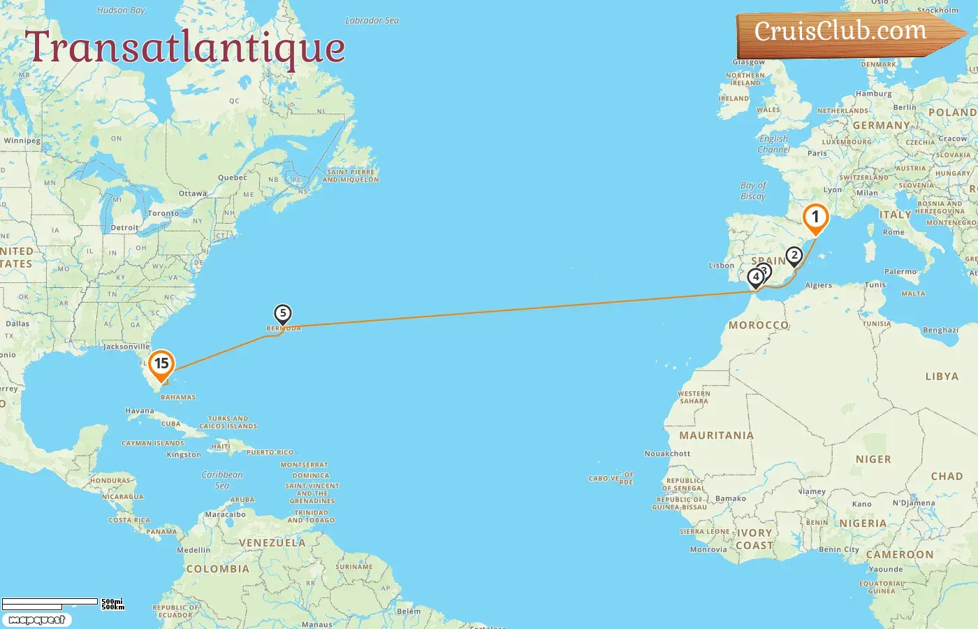 Croisière en Transatlantique de Barcelone à Fort Lauderdale à bord du navire Oosterdam avec des visites en Espagne, à Gibraltar, aux Bermudes et aux États-Unis pendant 15 jours