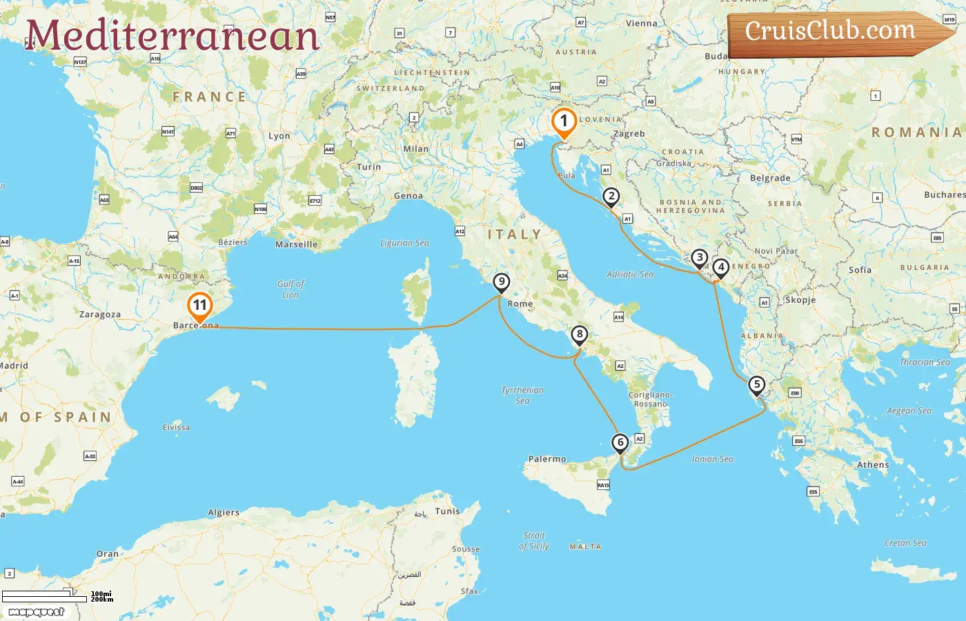 Cruise in the Mediterranean from Trieste to Barcelona aboard Oosterdam ship with visits to Italy, Croatia, Montenegro, Greece, and Spain for 11 days