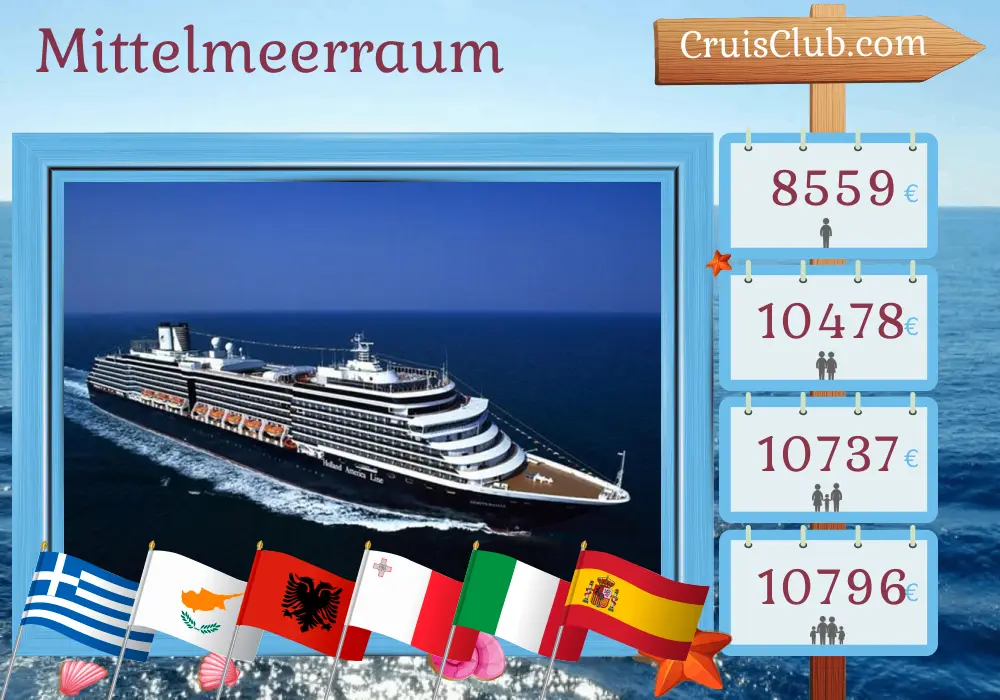 Kreuzfahrt im Mittelmeer von Piräus nach Barcelona an Bord des Schiffes Oosterdam mit Besuchen in Griechenland, Ägypten, Israel, Zypern, der Türkei, Albanien, Malta, Italien und Spanien für 22 Tage