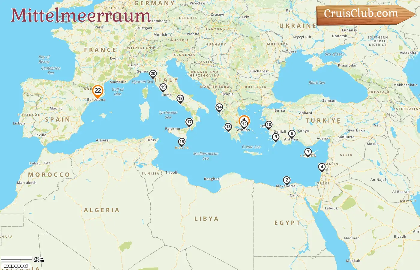 Kreuzfahrt im Mittelmeer von Piräus nach Barcelona an Bord des Schiffes Oosterdam mit Besuchen in Griechenland, Ägypten, Israel, Zypern, der Türkei, Albanien, Malta, Italien und Spanien für 22 Tage