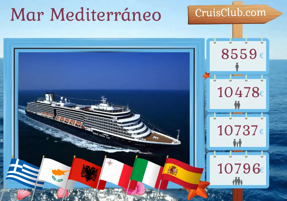 Crucero por el Mediterráneo de El Pireo a Barcelona a bordo del barco Oosterdam con visitas a Grecia, Egipto, Israel, Chipre, Turquía, Albania, Malta, Italia y España durante 22 días