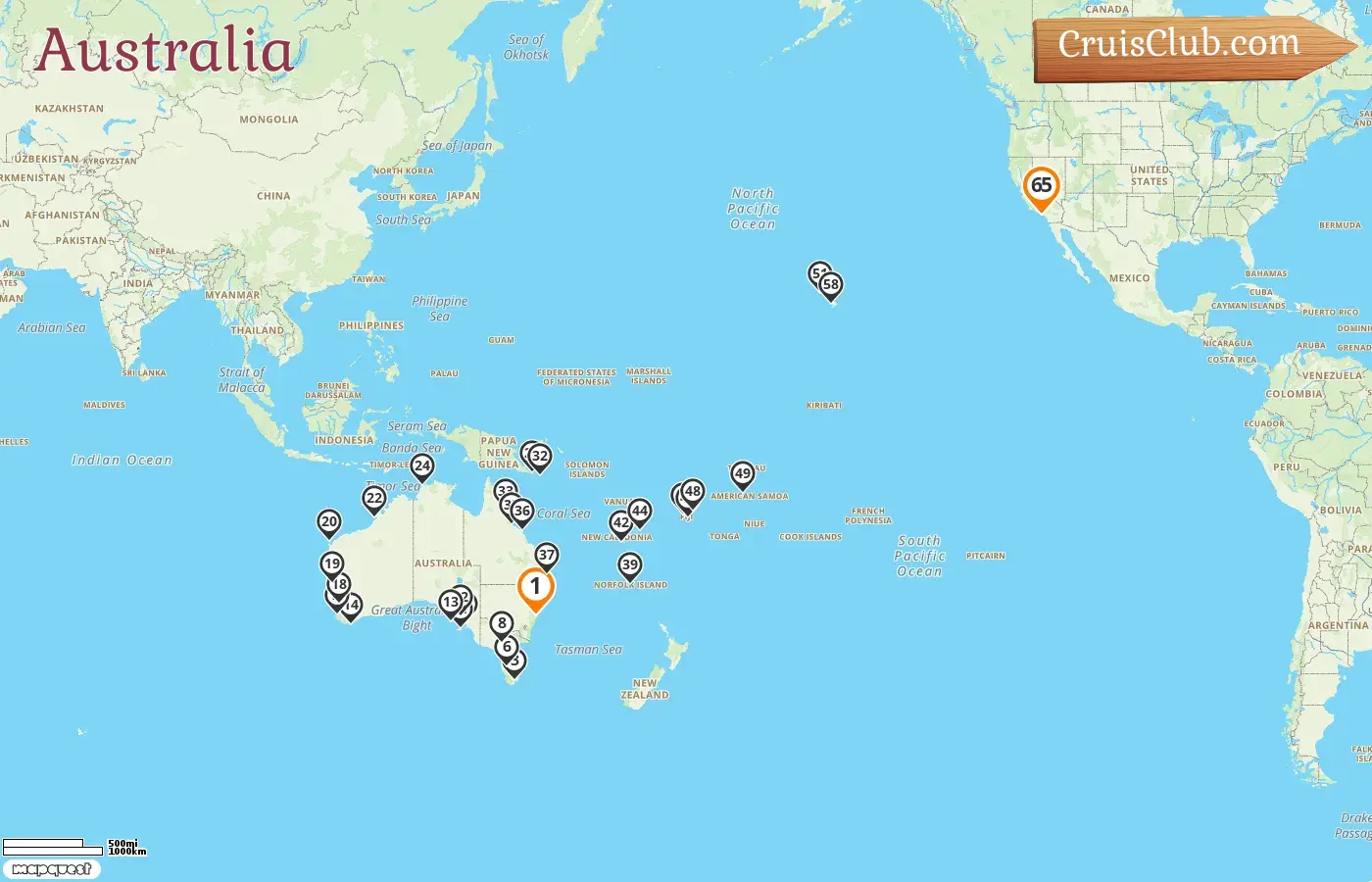 Crucero en Australia de Sidney a Long Beach a bordo del barco Seabourn Quest con visitas a Australia, Papúa Nueva Guinea, Isla Norfolk, Nueva Caledonia, Vanuatu, Fiyi, Samoa y EE. UU. durante 65 días