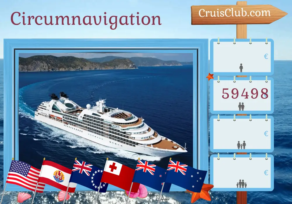 Croisière autour du monde de Miami à Sydney à bord du navire Seabourn Quest avec des escales aux États-Unis, au Panama, en Équateur, au Pérou, au Chili, en Polynésie française, aux îles Cook, aux Tonga, en Nouvelle-Zélande et en Australie pendant 63 jours