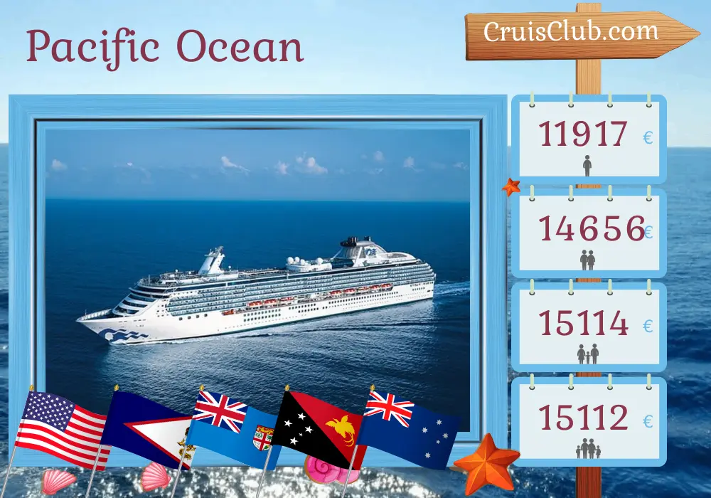 Cruise in the Pacific Ocean from Los Angeles to Sydney aboard Coral Princess ship with visits to USA, Fiji, Vanuatu, Papua New Guinea, and Australia for 37 days
