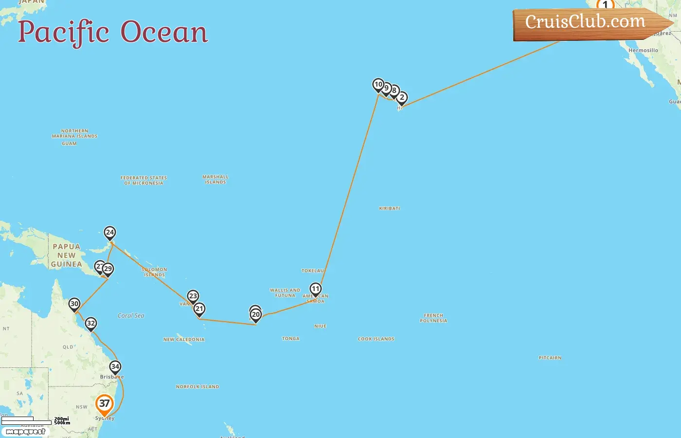 Cruise in the Pacific Ocean from Los Angeles to Sydney aboard Coral Princess ship with visits to USA, Fiji, Vanuatu, Papua New Guinea, and Australia for 37 days