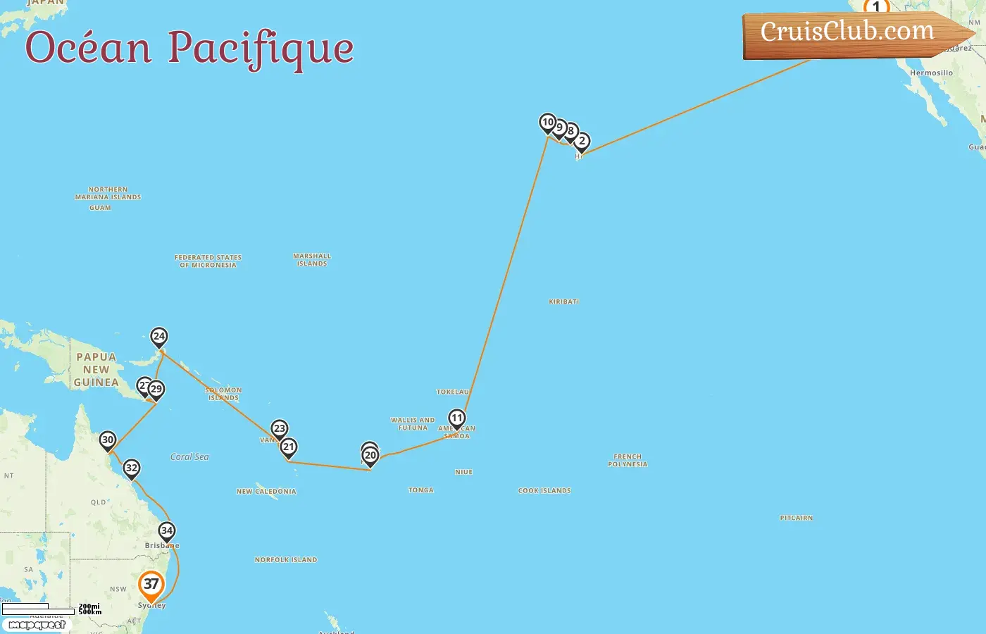 Croisière dans l`océan Pacifique de Los Angeles à Sydney à bord du navire Coral Princess avec des visites aux États-Unis, aux Fidji, au Vanuatu, en Papouasie-Nouvelle-Guinée et en Australie pendant 37 jours