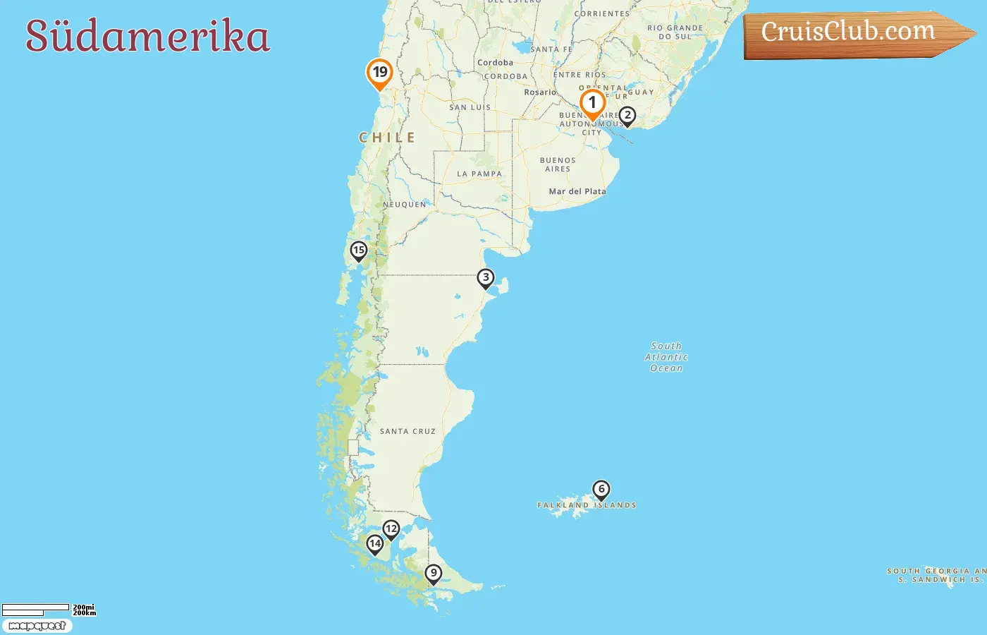 Kreuzfahrt in Südamerika von Buenos Aires nach Valparaiso an Bord des Schiffes Silver Whisper mit Besuchen in Argentinien, Uruguay, den Falklandinseln und Chile für 19 Tage
