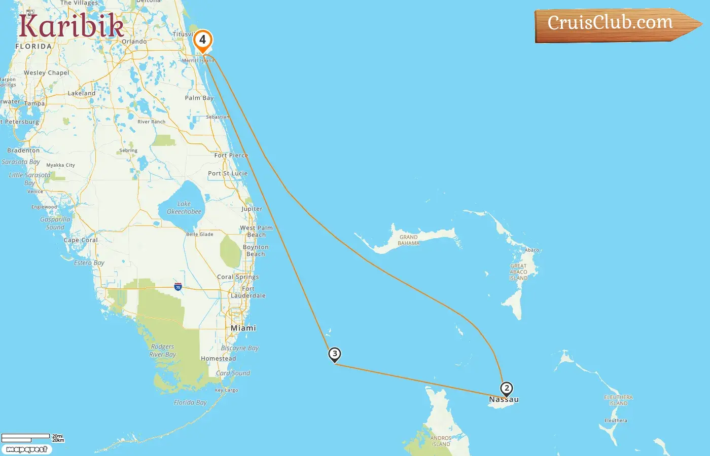 Kreuzfahrt in der Karibik von Port Canaveral / Orlando an Bord des Schiffes MSC Grandiosa mit Besuchen in den USA und den Bahamas für 4 Tage