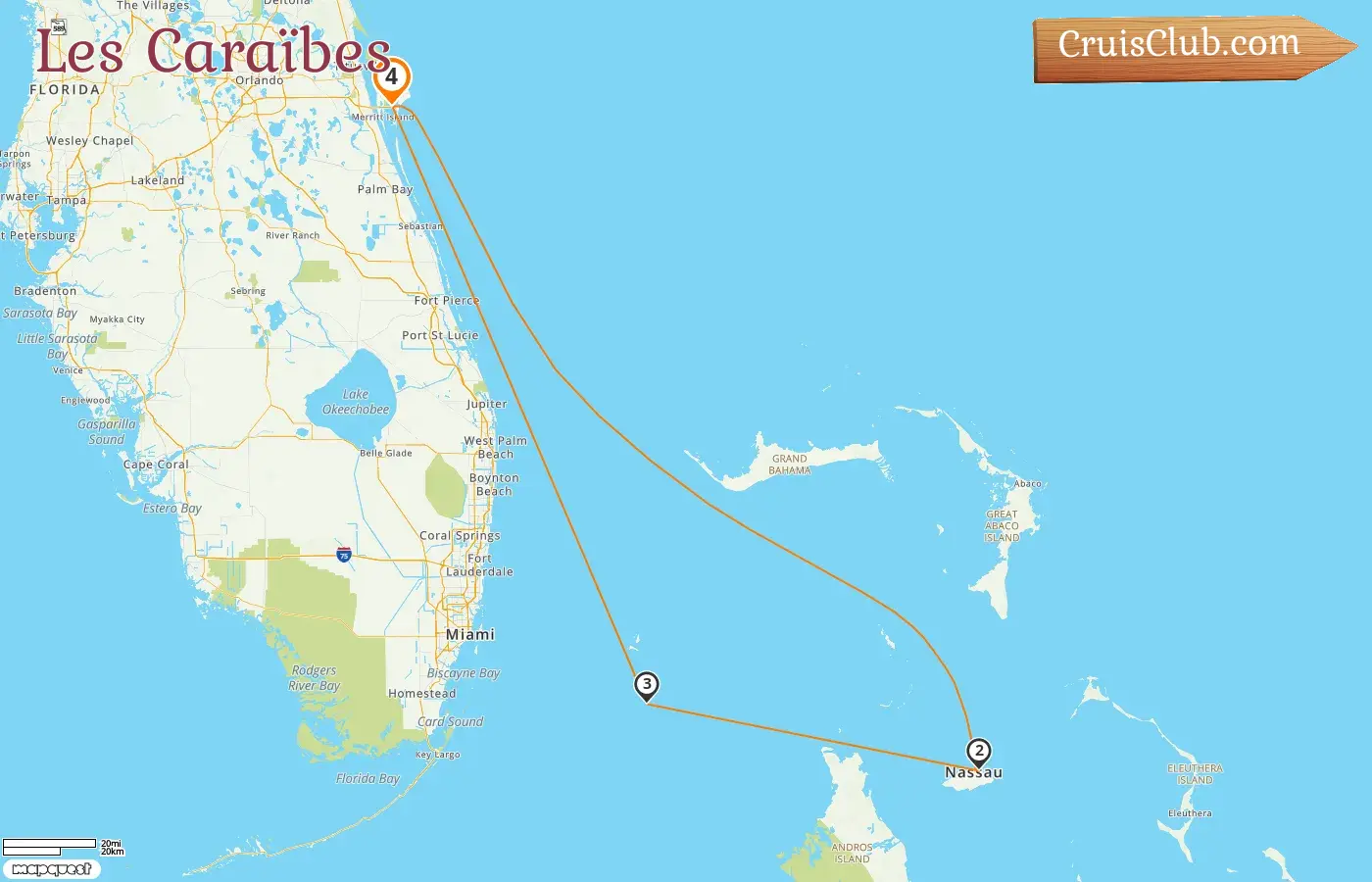 Croisière dans les Caraïbes au départ de Port Canaveral / Orlando à bord du navire MSC Grandiosa avec des escales aux Etats-Unis et aux Bahamas pendant 4 jours
