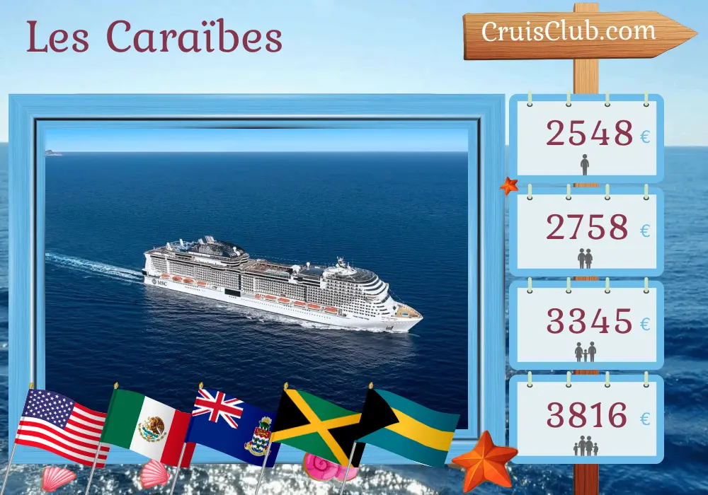 Croisière dans les Caraïbes au départ de Port Canaveral / Orlando à bord du navire MSC Grandiosa avec des arrêts aux États-Unis, au Mexique, aux îles Caïmans, en Jamaïque, aux Bahamas et en République dominicaine pendant 15 jours
