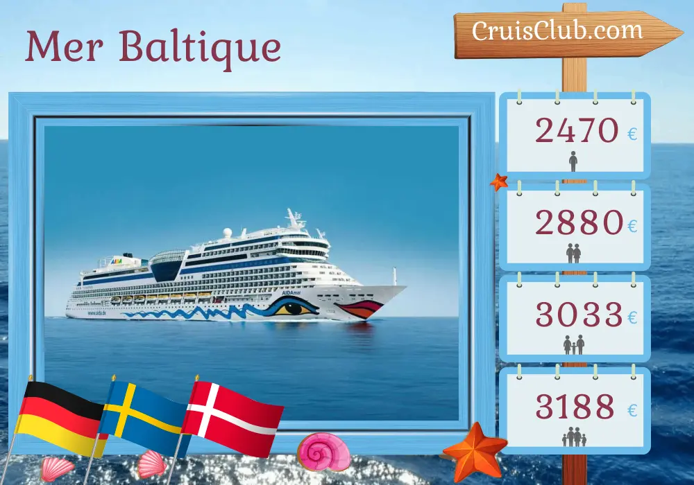 Croisière en mer Baltique au départ de Warnemünde à bord du navire AIDAmar avec des escales en Allemagne, en Suède et au Danemark pendant 9 jours