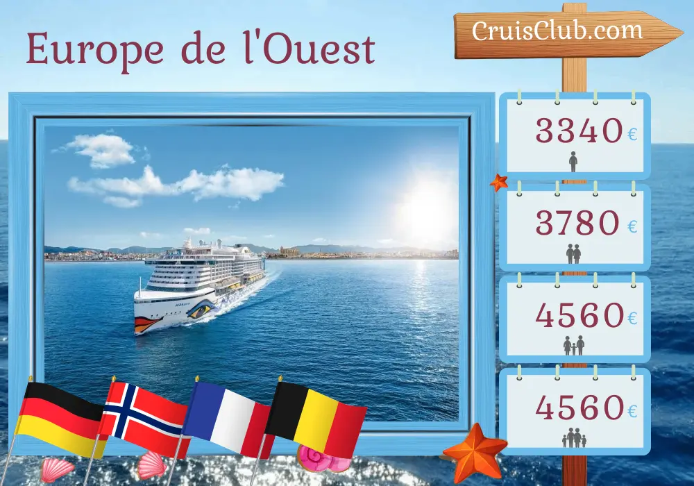 Croisière en Europe de l`Ouest au départ de Hambourg à bord du navire AIDAperla avec des escales en Allemagne, en Norvège, en France et en Belgique pendant 15 jours